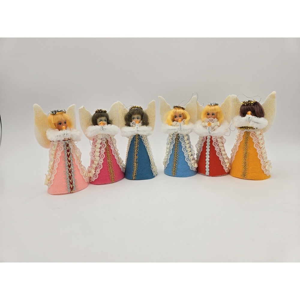 Vintage Set of 6 Handmade Angel ornaments doll heads felt lace glitter hanging